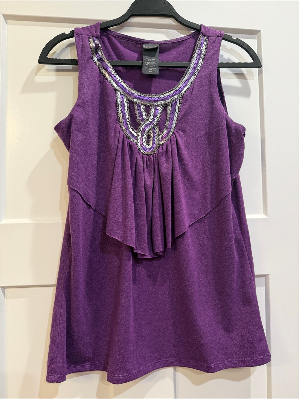 Purple Sleeveless Silver Sequined Ruffle Front Women's Top Blouse Medium